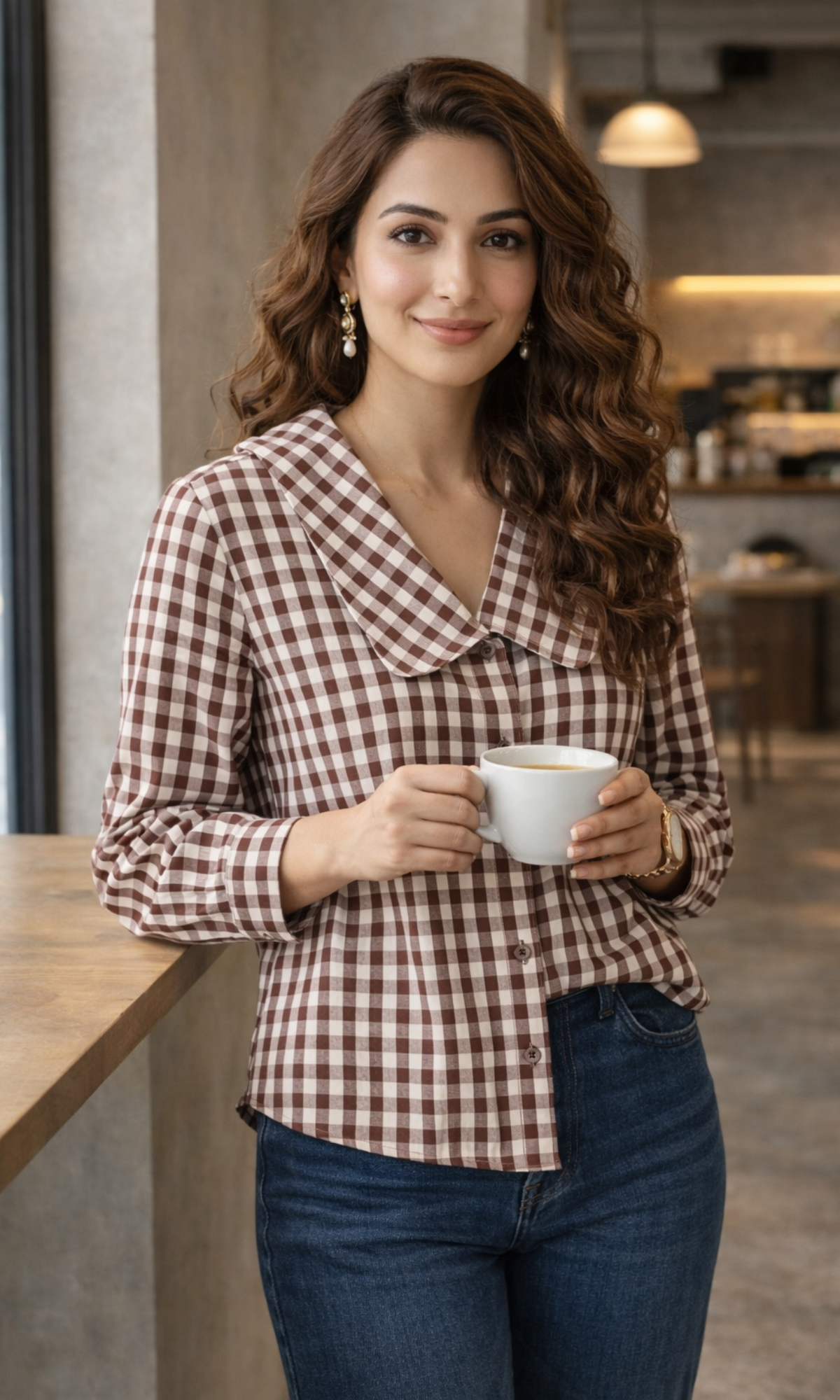 Wine Gingham-Check Peter Pan Collared Shirt