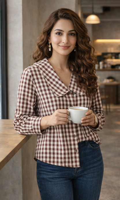 Wine Gingham-Check Peter Pan Collared Shirt