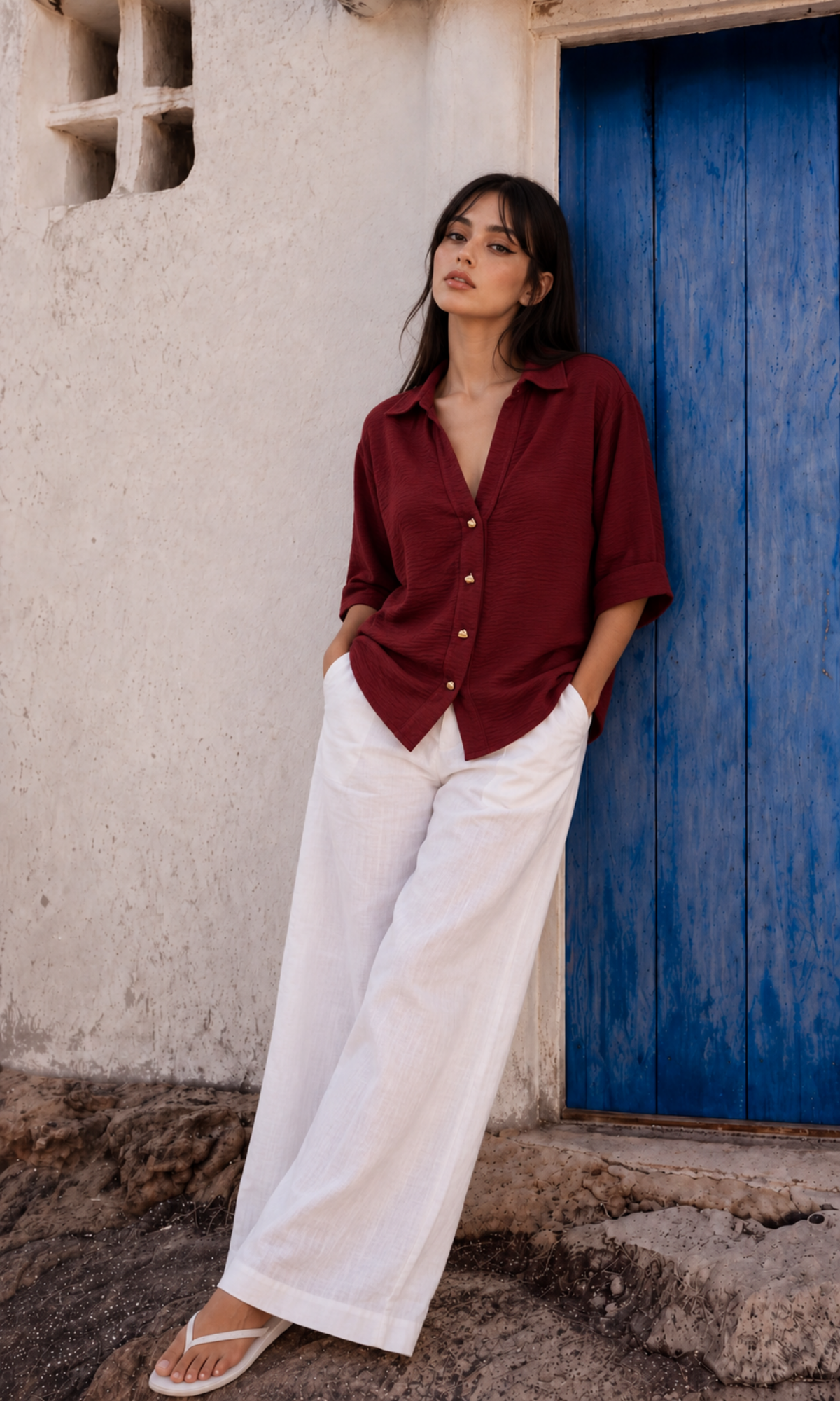Brick Red Metallic-Button Boxy Shirt