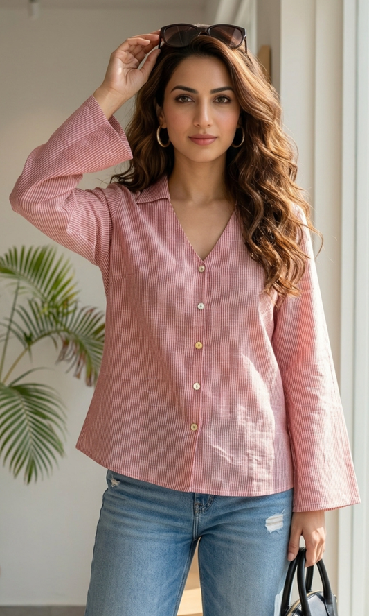 Red Stripe Flared Sleeves Shirt