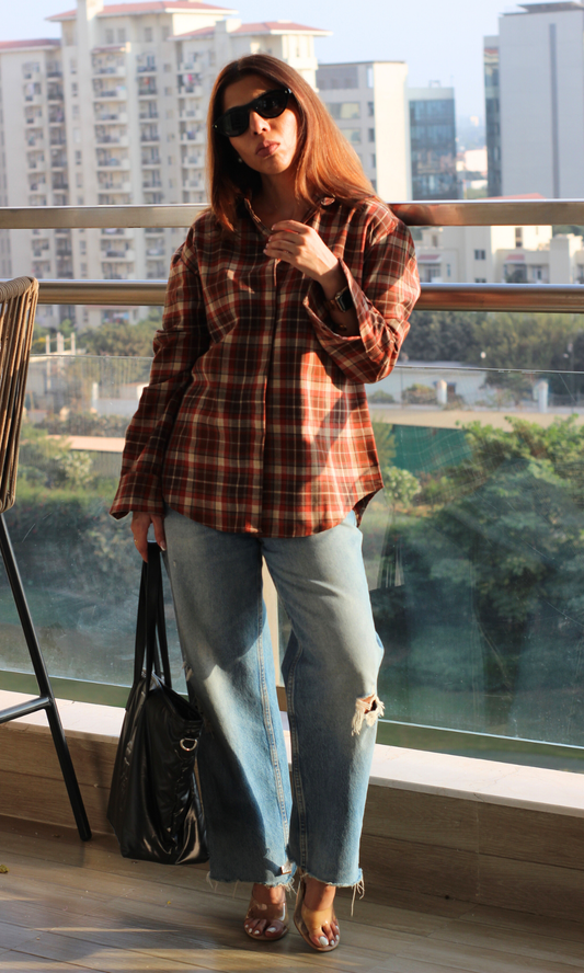 Brown Orange Plaid Checked Shirt