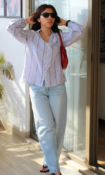 Blue-White Linear Buttoned Top