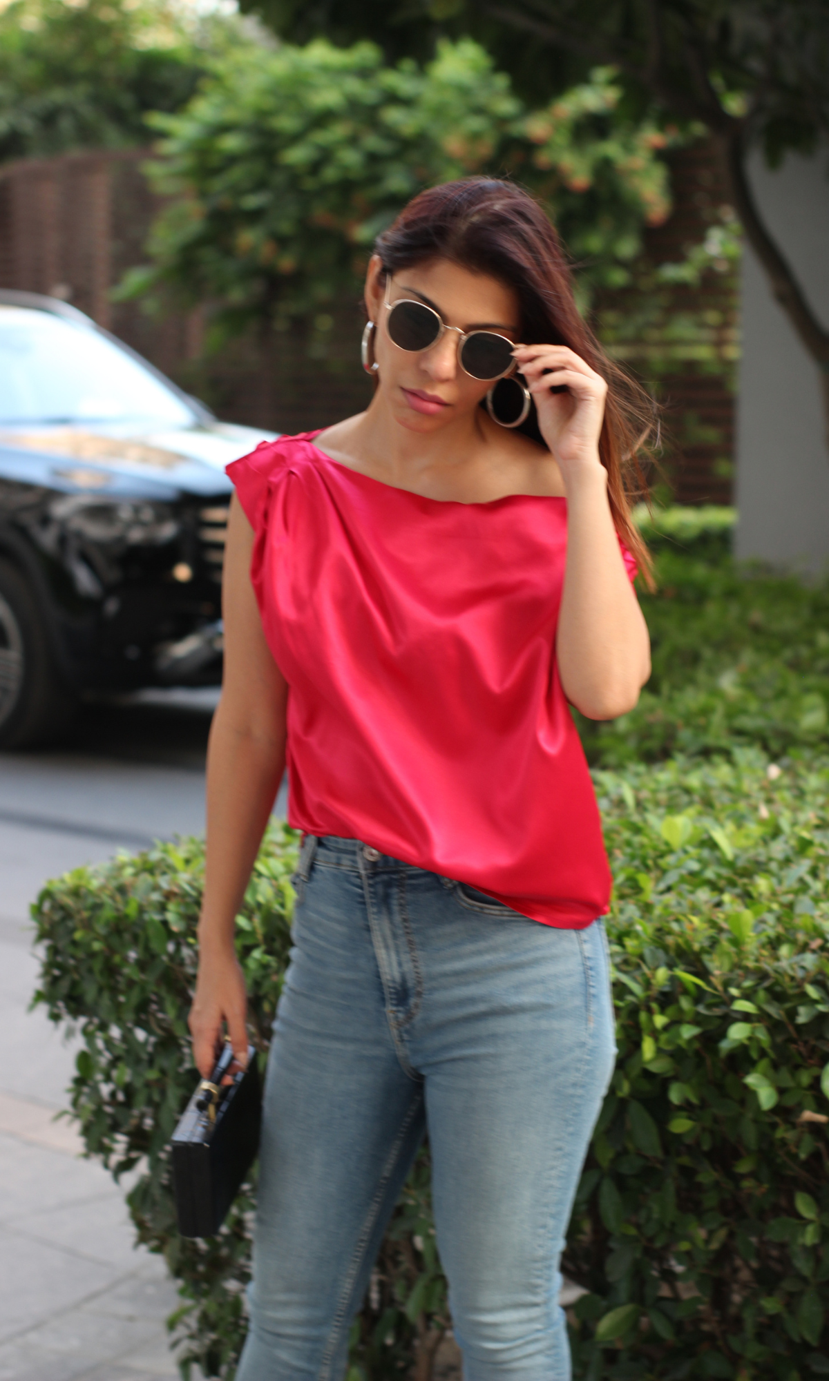 Red Pink One-Shoulder Top