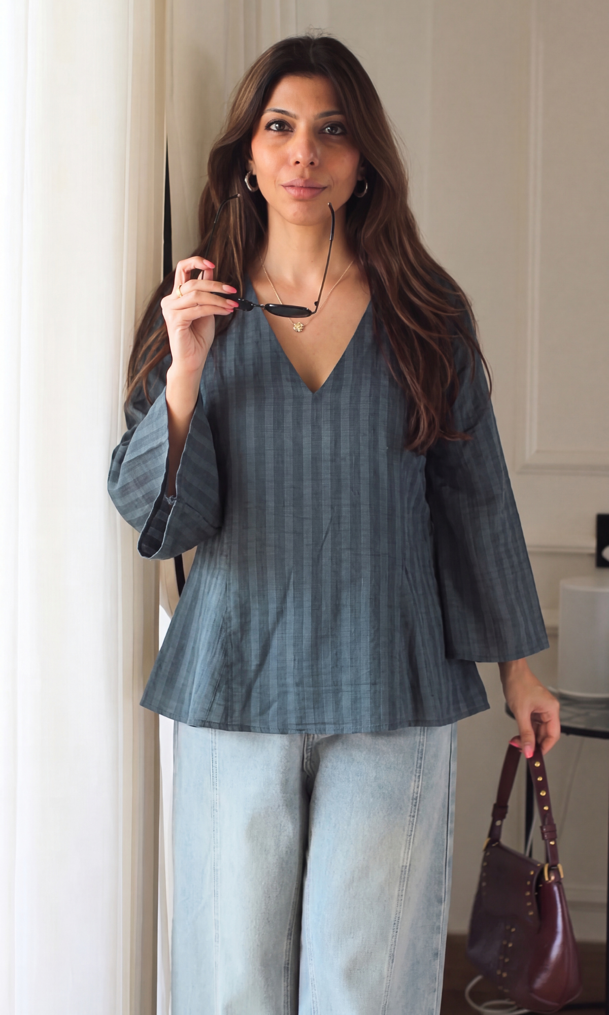 Navy Textured V-Neck Top