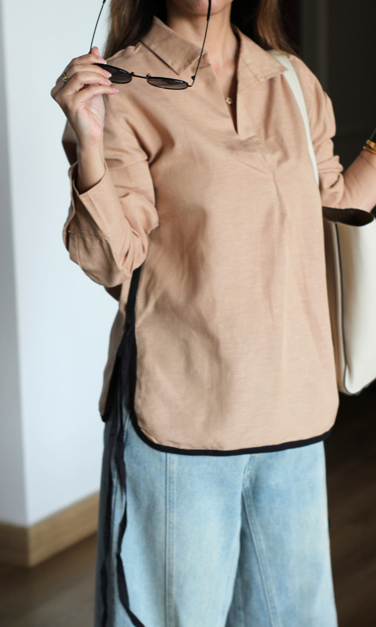 Camel Cotton Contrast-Piped Tunic
