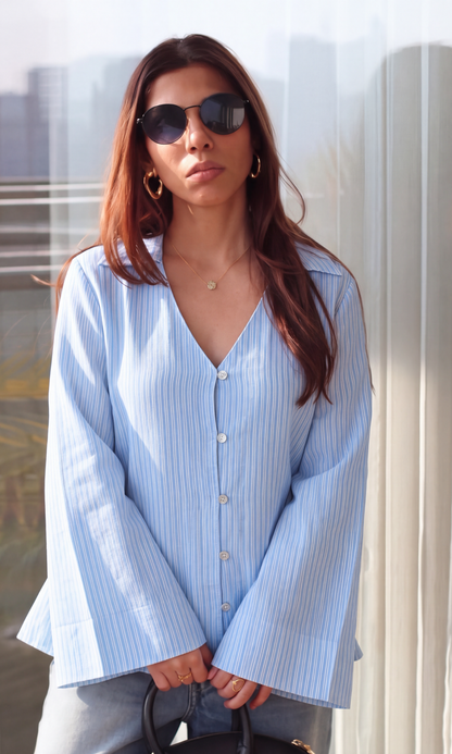 Icy Blue Striped Flared Sleeve Shirt