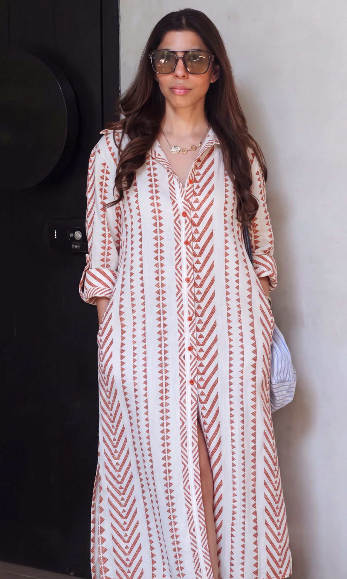 Terracotta Geometric Embroidered Shirt Dress