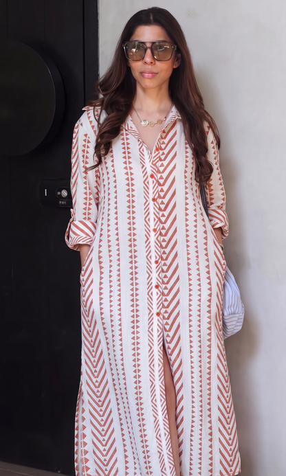 Terracotta Geometric Embroidered Shirt Dress
