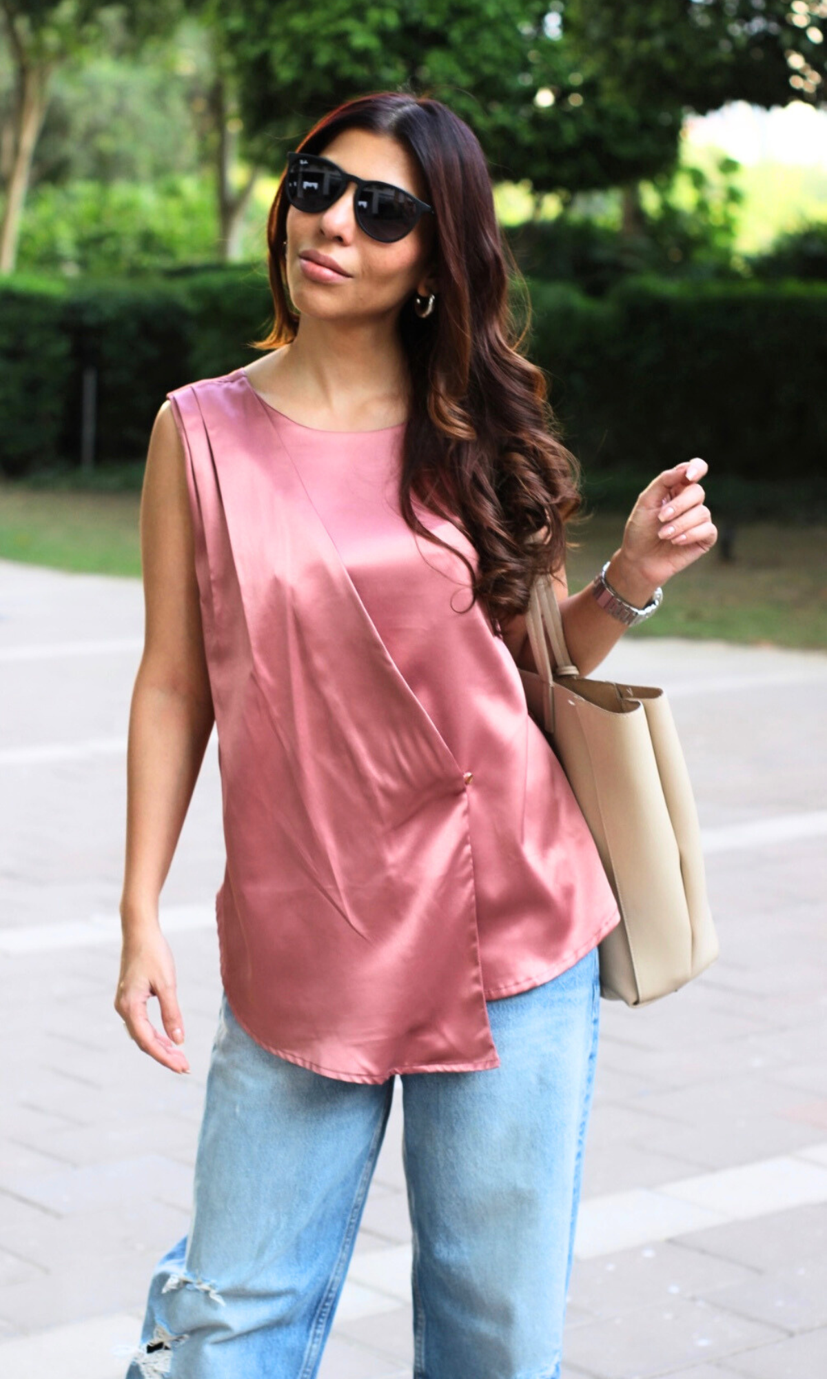 Old Rose Asymmetric Button Detail Top