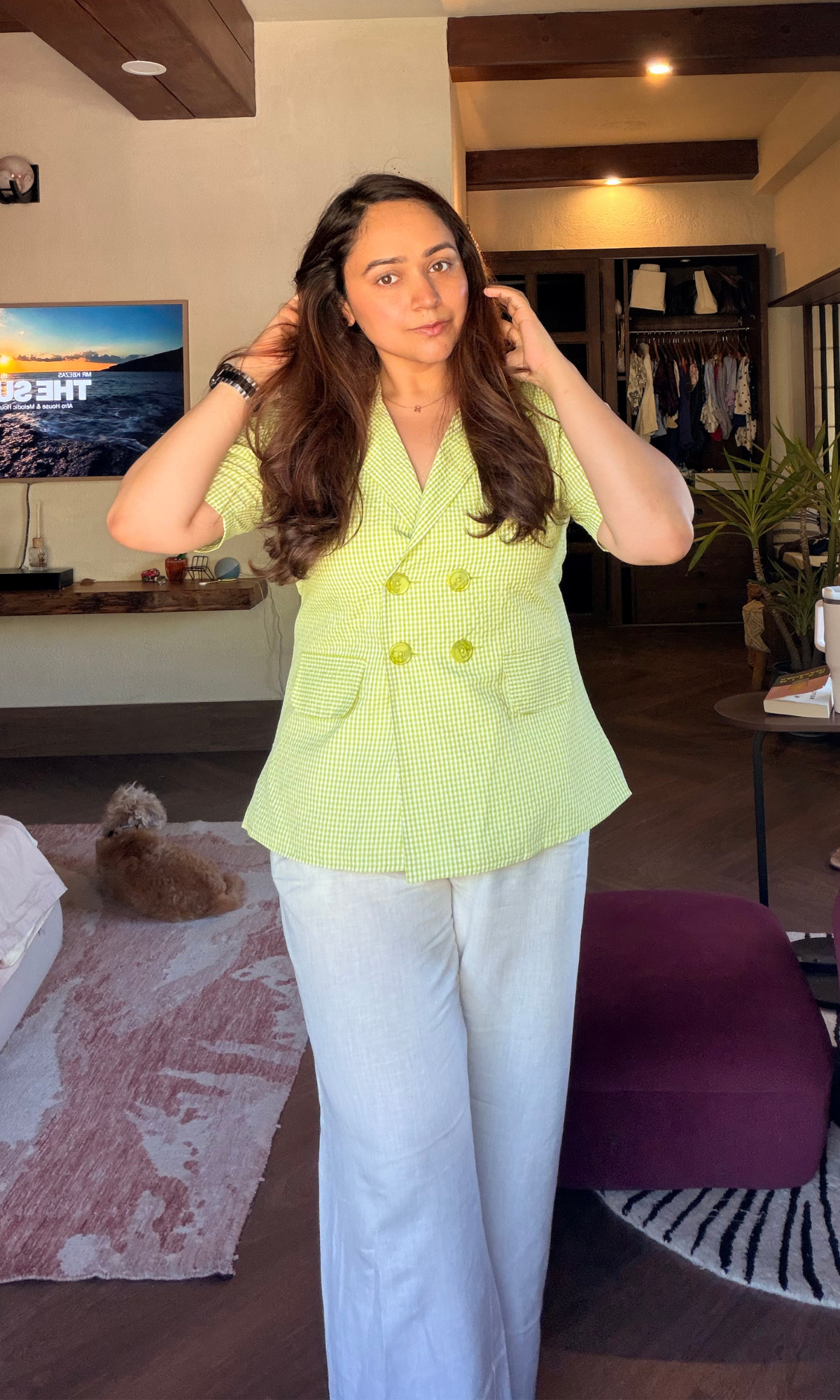 Lime Gingham Double-Breasted Half sleeves Blazer
