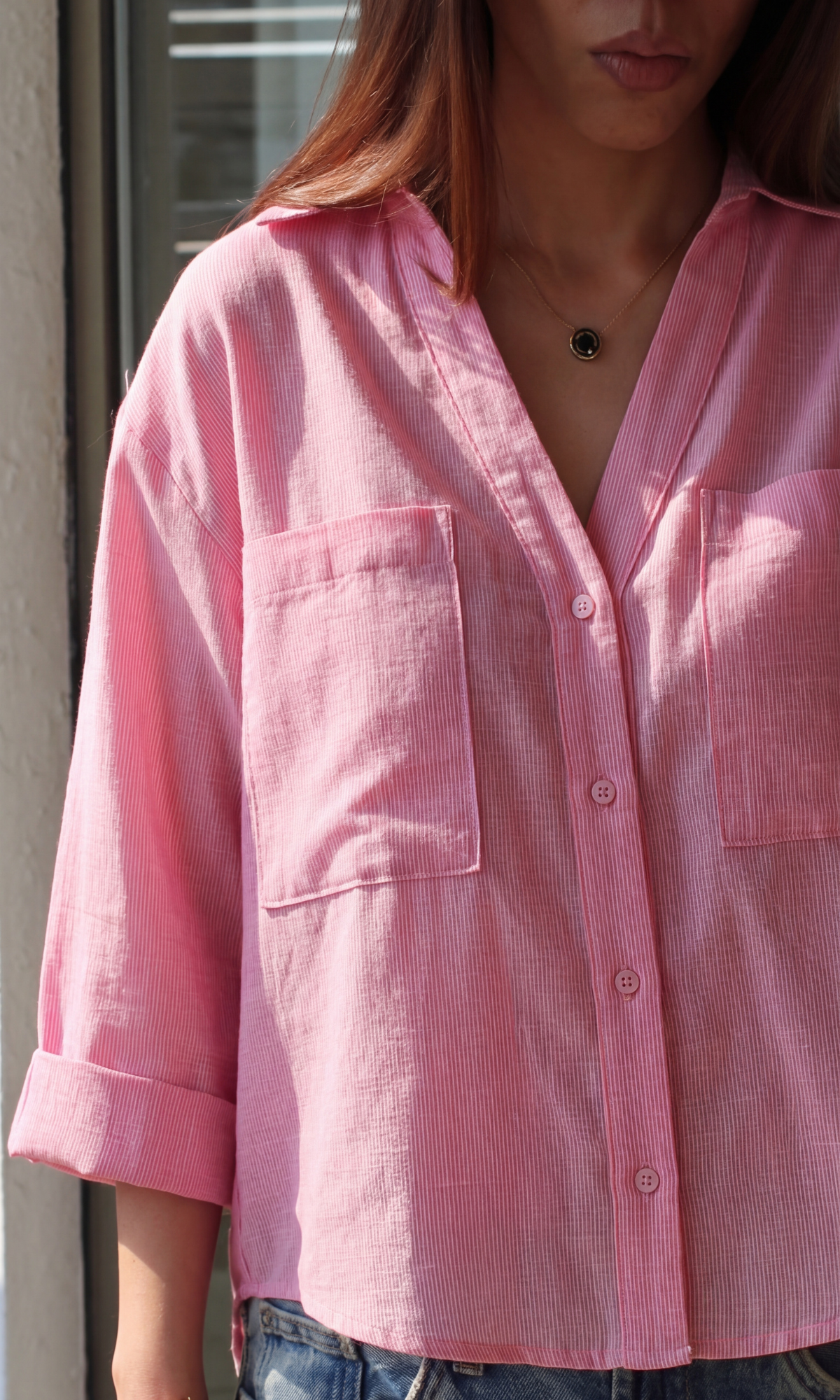 Bright Rose-Pink Weave Cropped Shirt