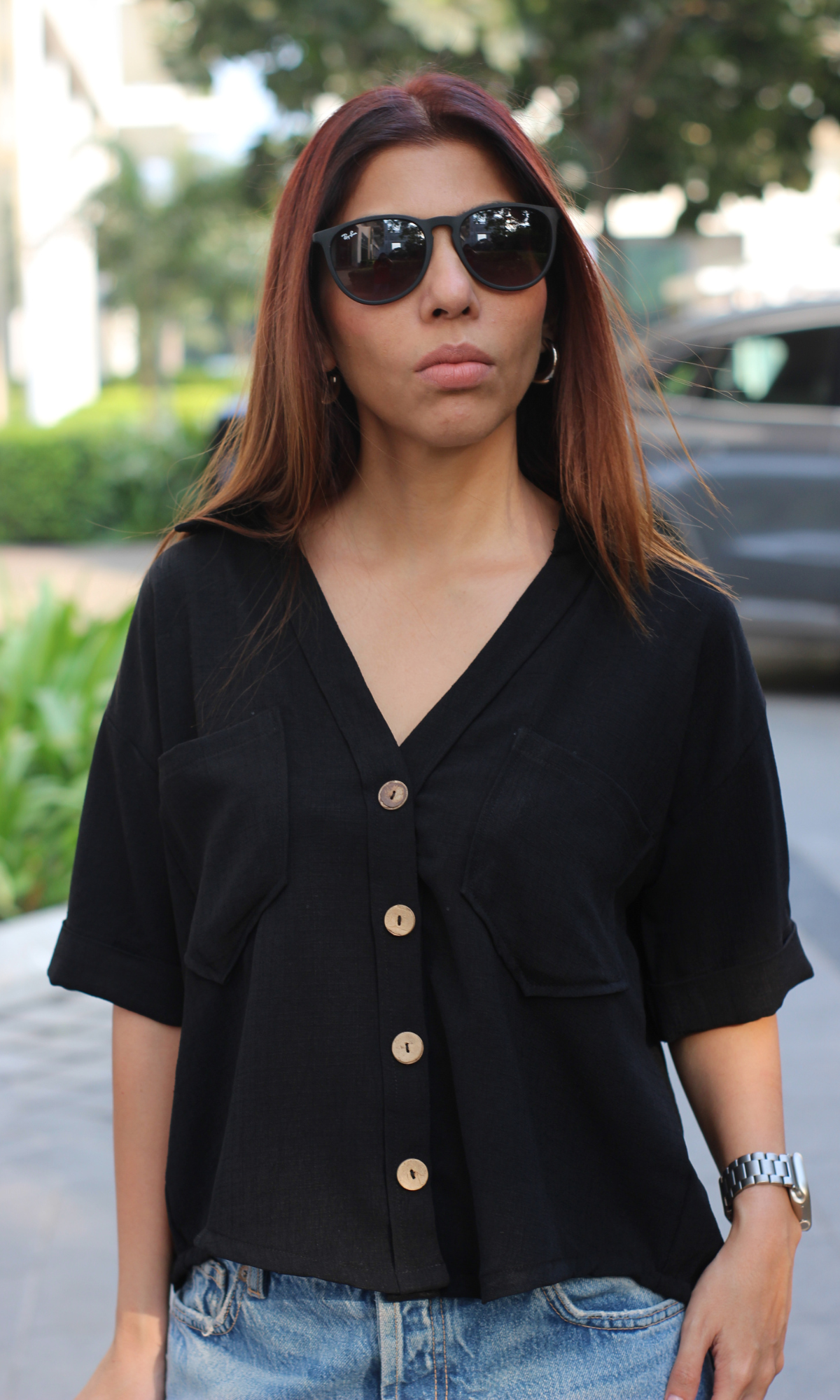 Black Textured Cropped Shirt