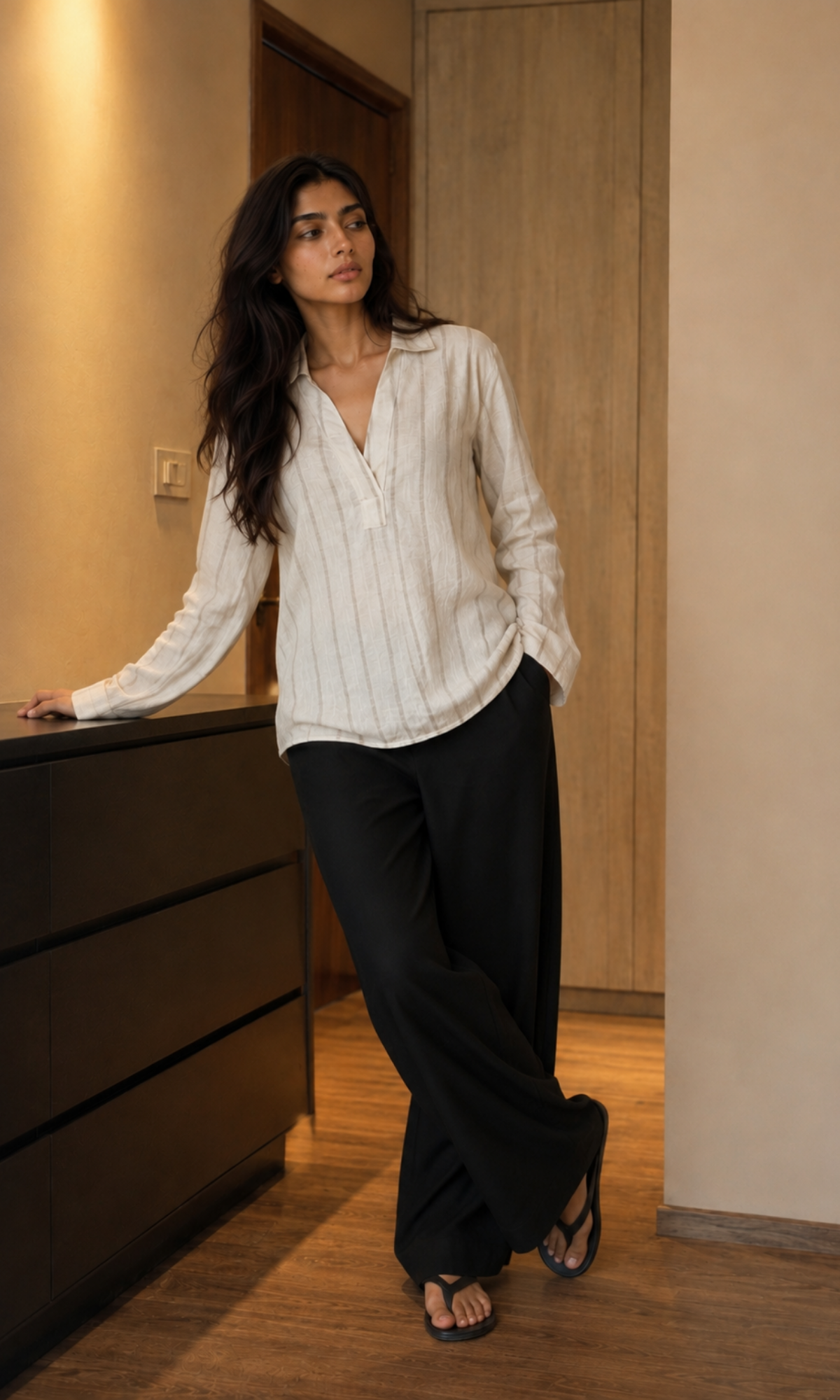 Khaki Striped Dolman Sleeve Popover Blouse