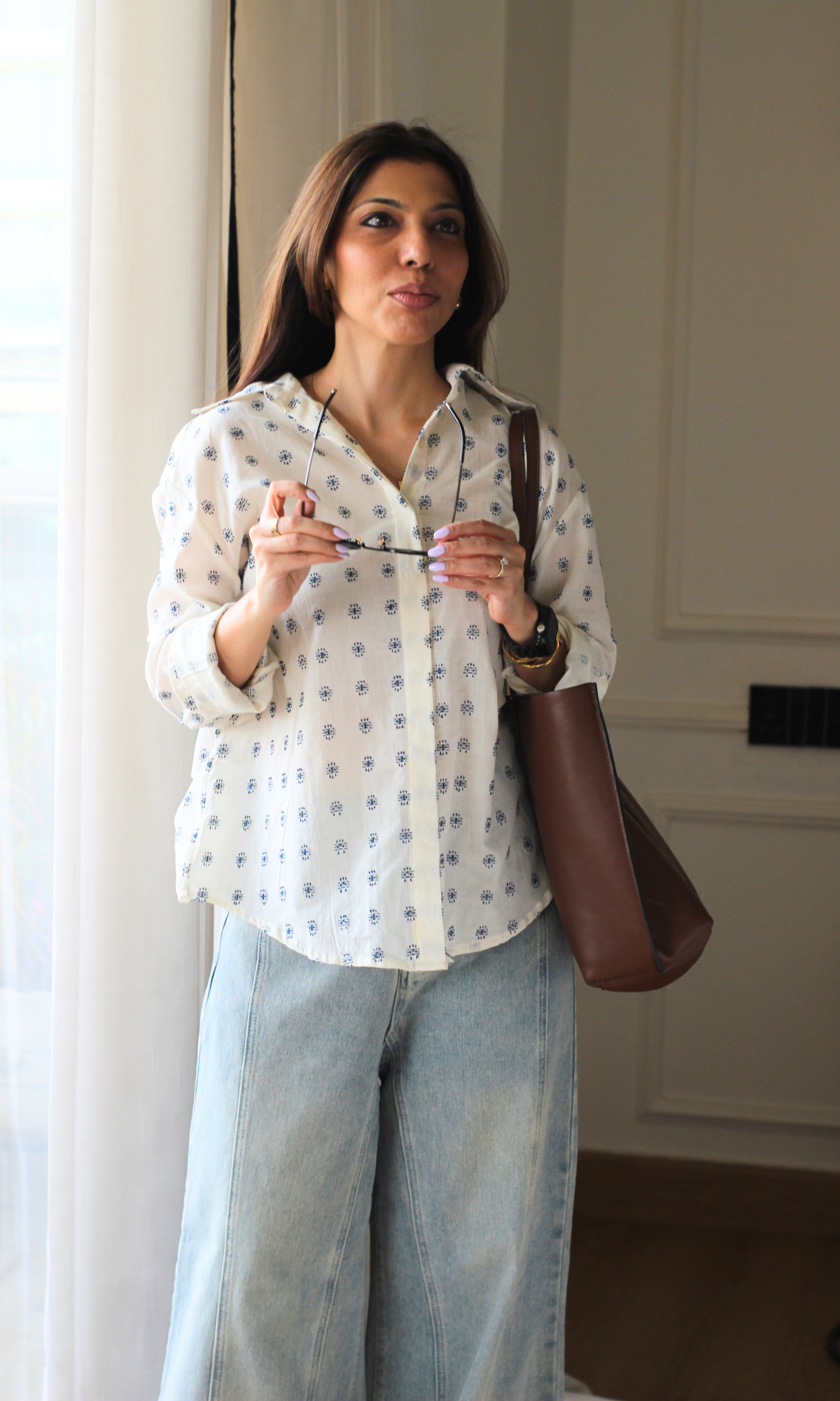Ivory & Navy Cotton Weave Oversize Shirt
