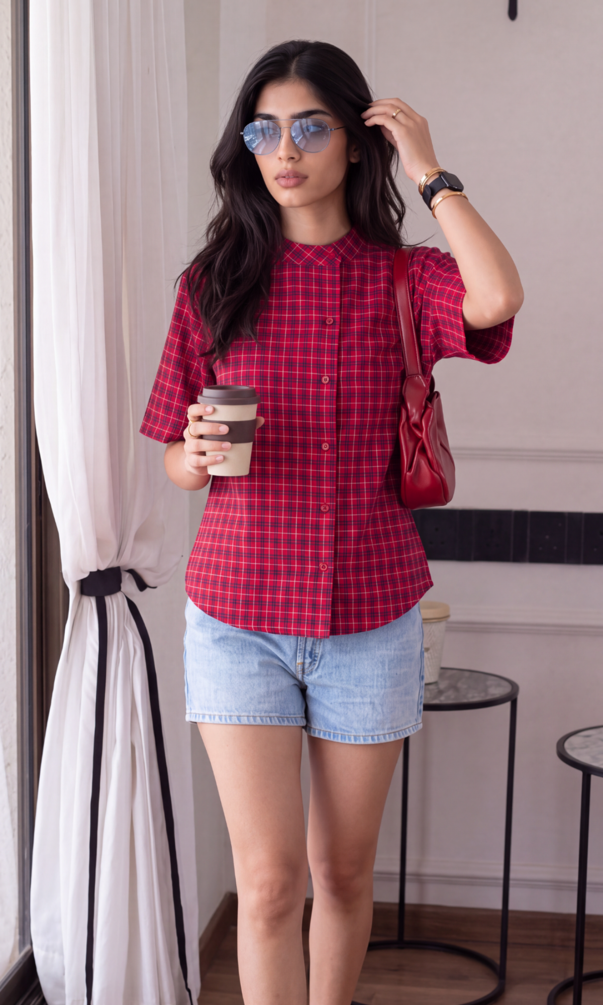 Red Check Mandarin Collar Shirt