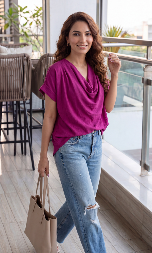 Dark Pink Flowing Cowl Neck Top