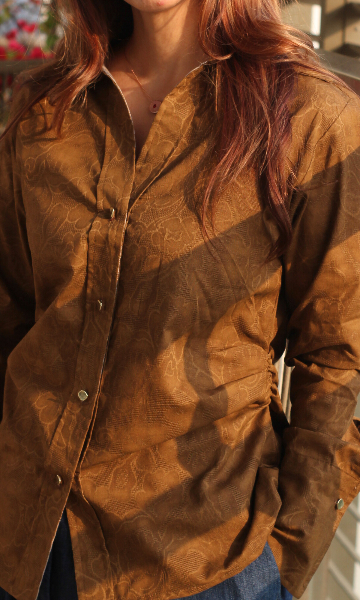 Brown Jacquard Side Cinch Shirt