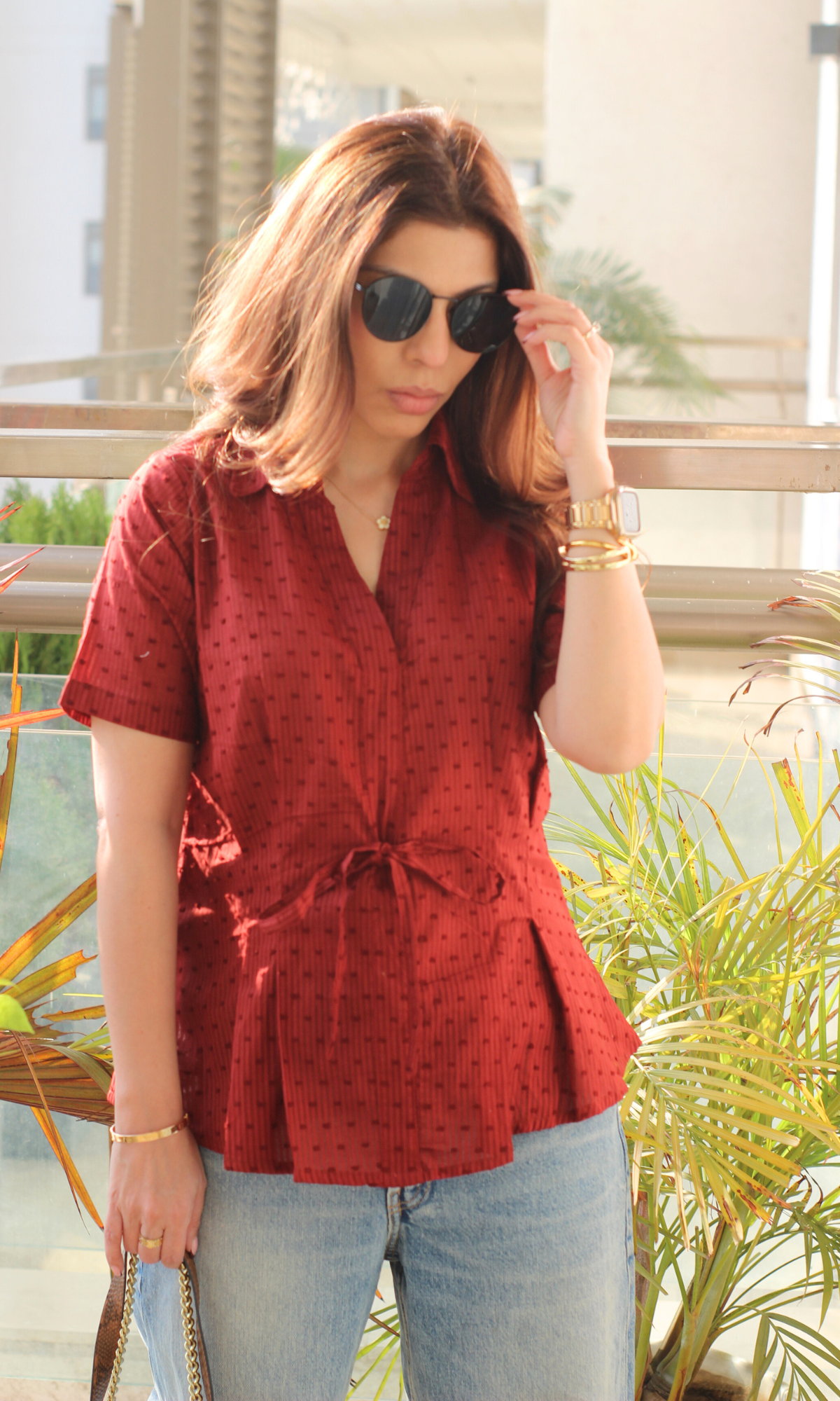 Red Dobby Tie Detail Top