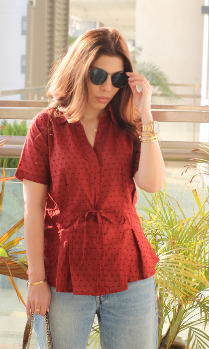 Red Dobby Tie Detail Top