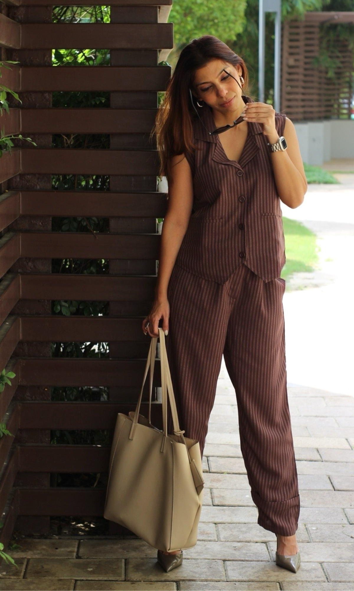 Brown Striped Collared Waist Coat and Pants