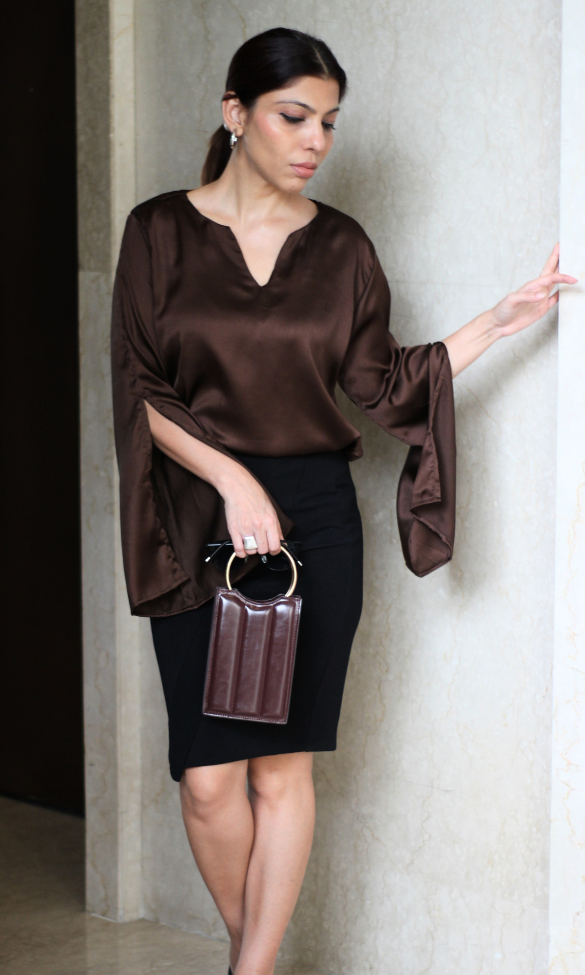 Walnut Slit Sleeve Satin Top