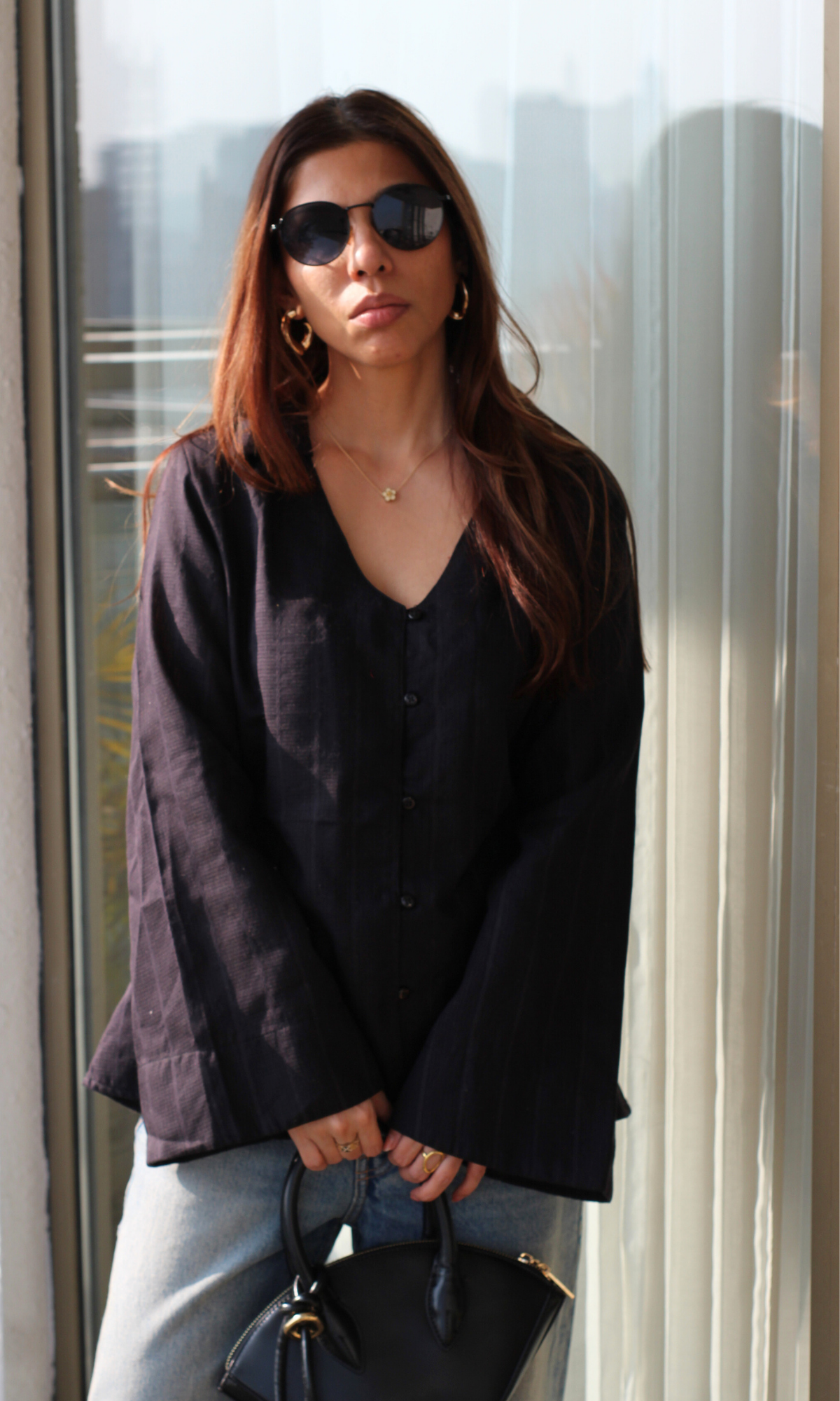 Black Textured Flared Sleeve Shirt