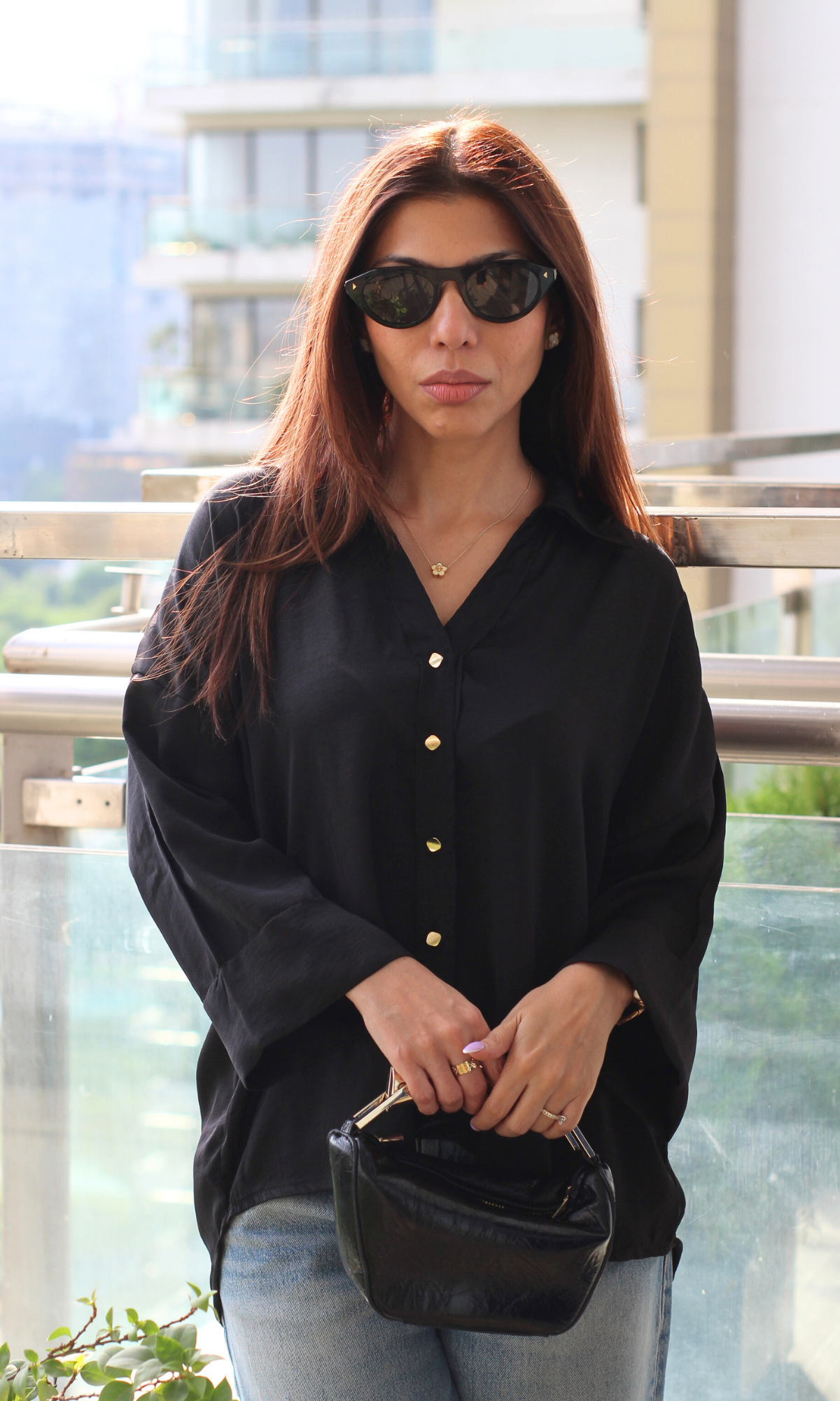 Black Sleeved Metallic Buttoned Shirt