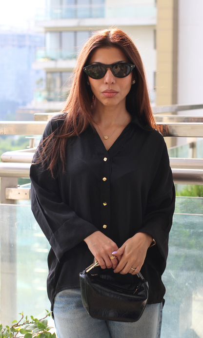Black Sleeved Metallic Buttoned Shirt