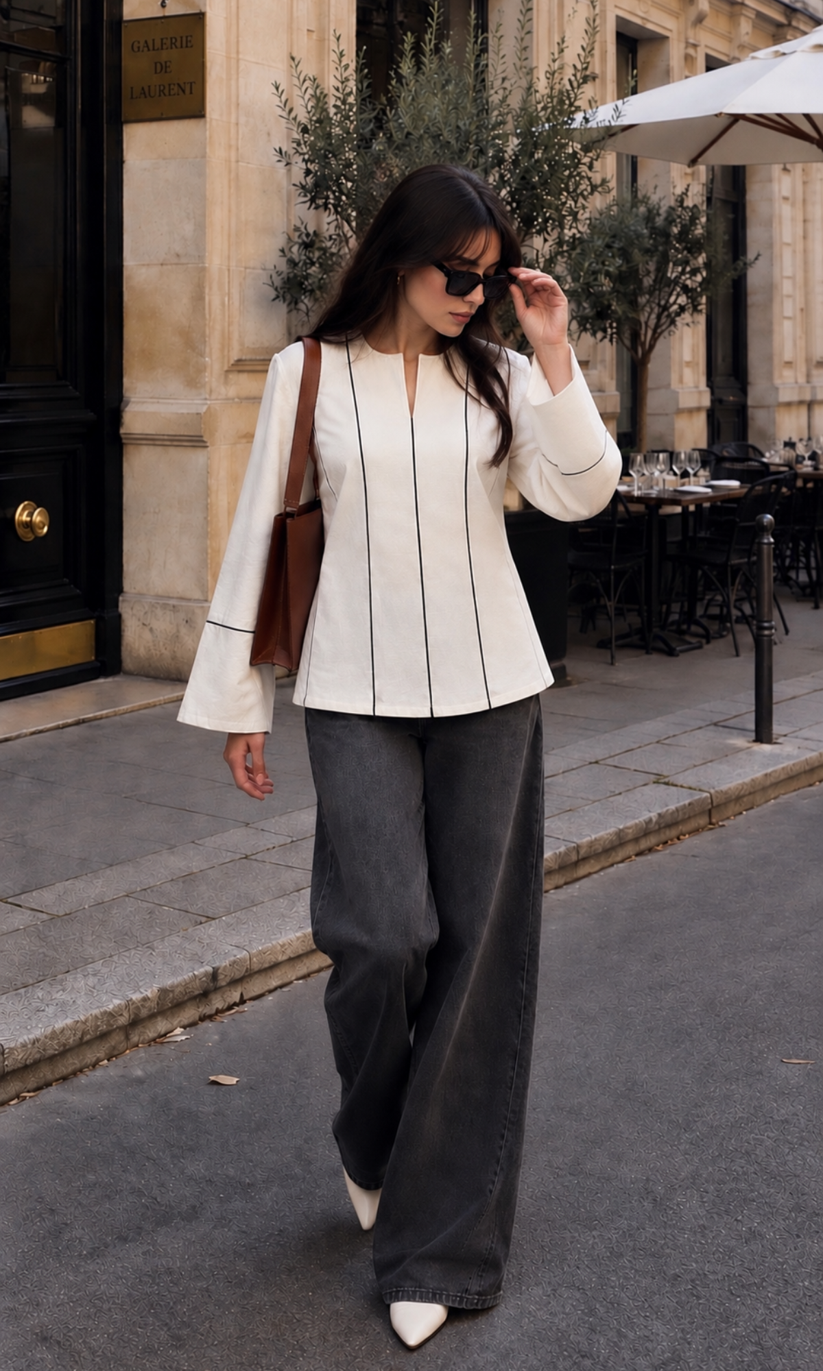 Contrast-Piped Ivory Blouse