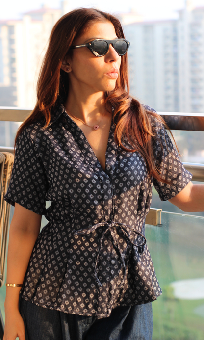 Midnight Dobby Tie Detail Top