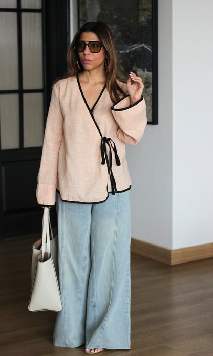 Cream Contrast-Trim Tie Kimono Top