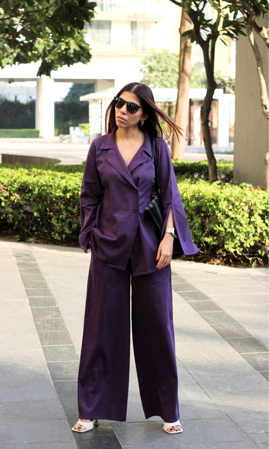 Purple Cut-Sleeved Blazer Top with Flared Pants Co-ord