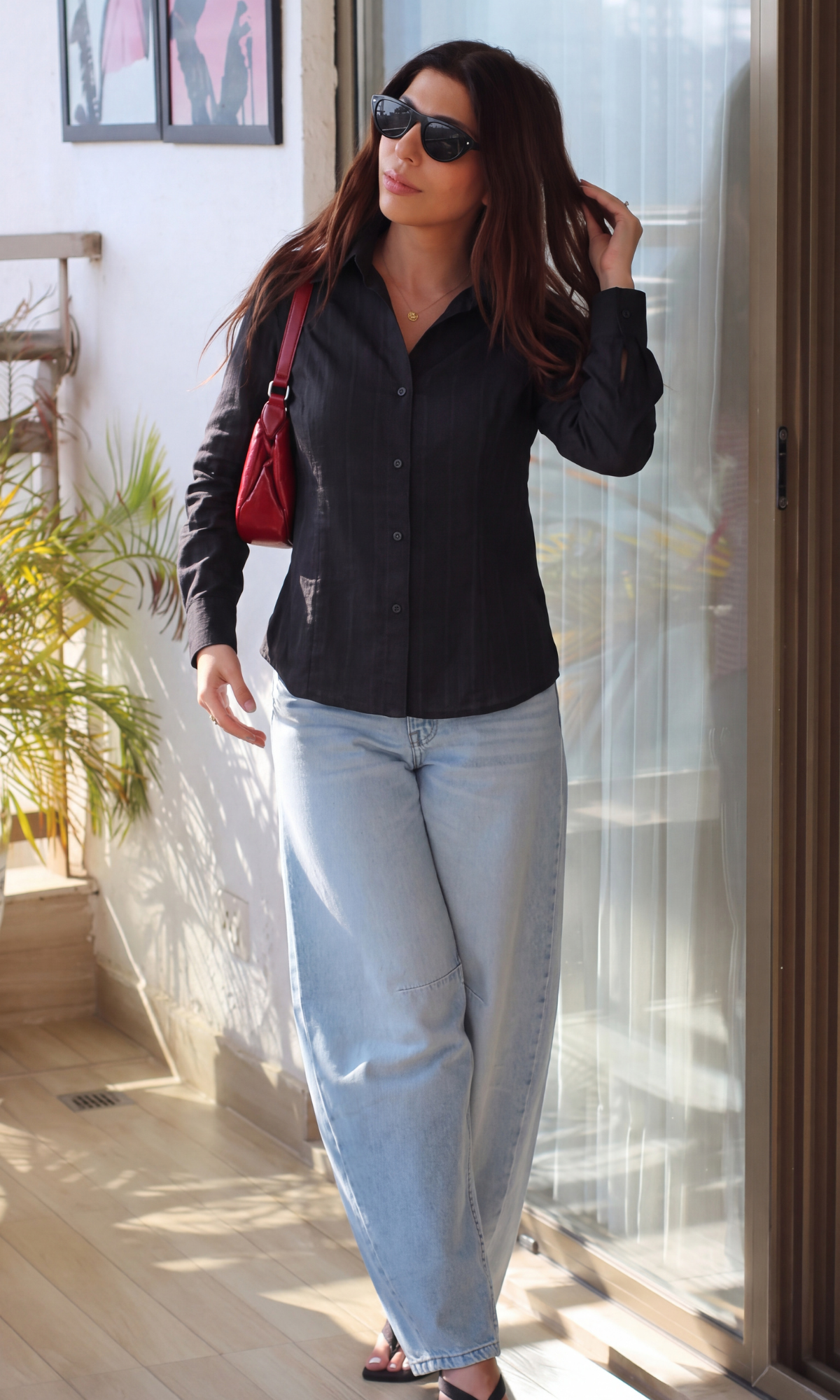 Charcoal Cotton Weave Peplum Shirt