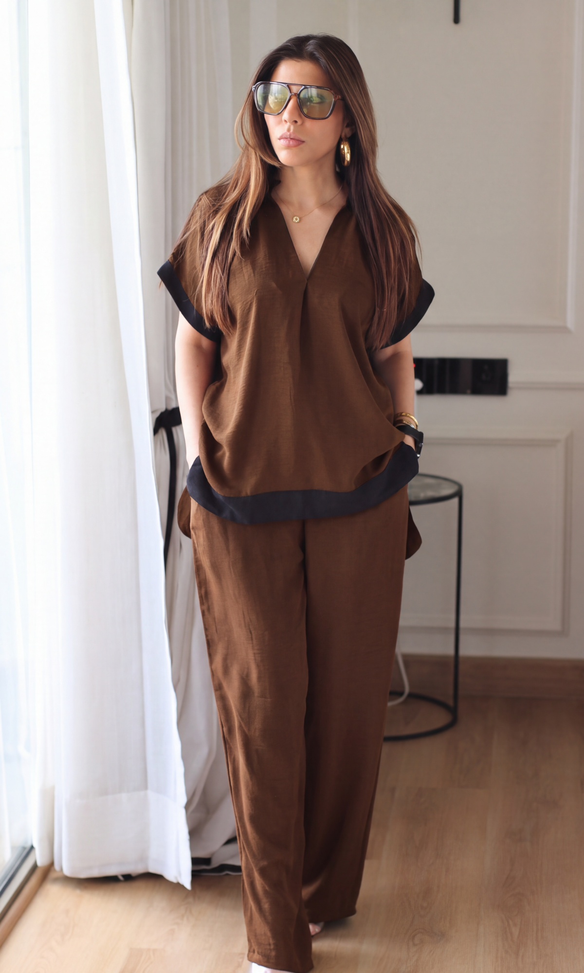 Brown Contrast High-Low Hem Co-ord