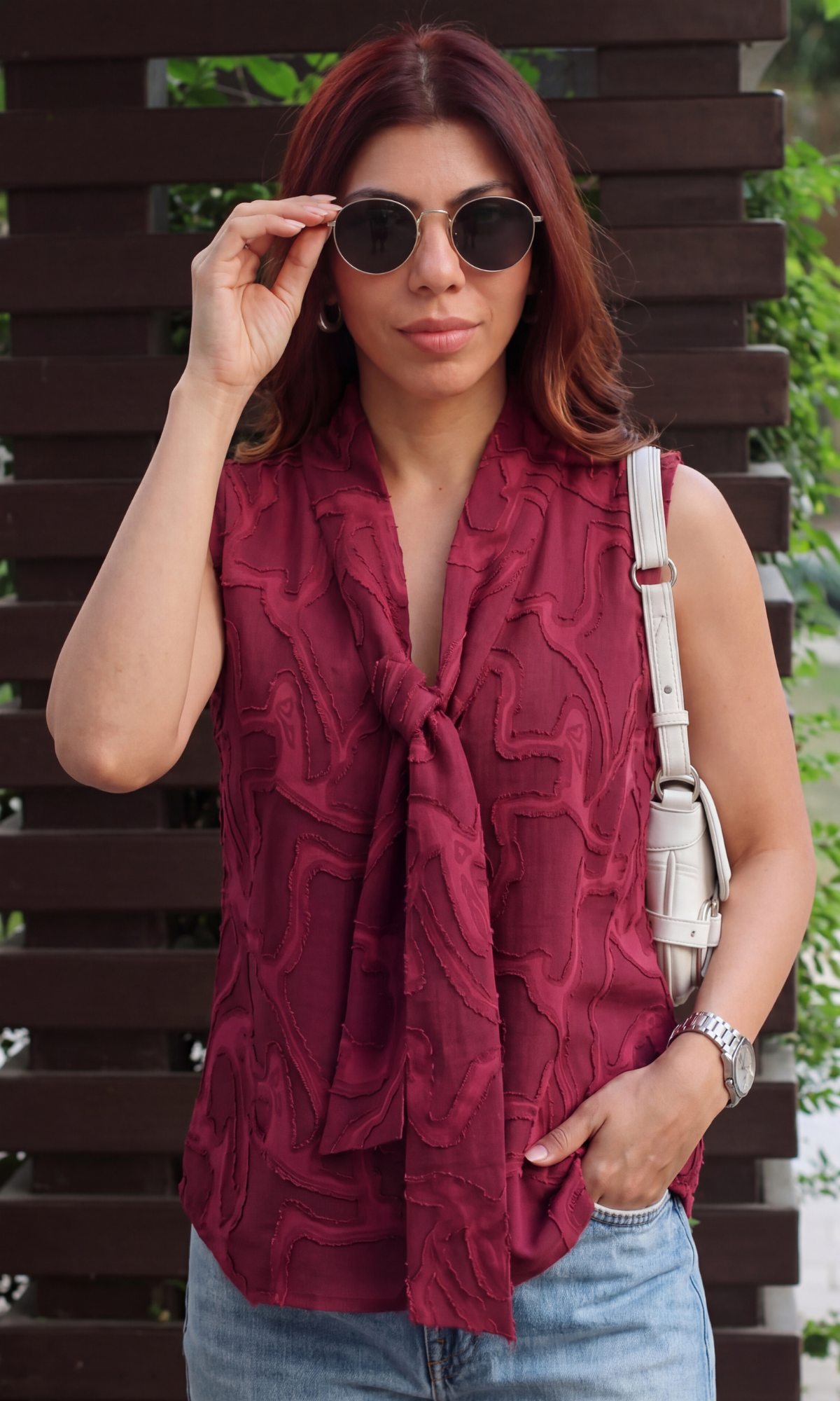 Mulberry Wine Embroidered Tie Detail Top