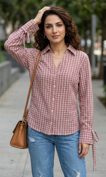 Rose Checked String Detail Cotton Shirt