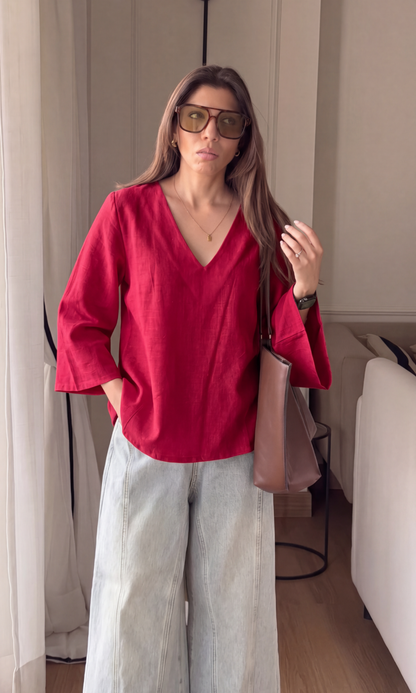 Raspberry Linen V-Neck Peplum Top