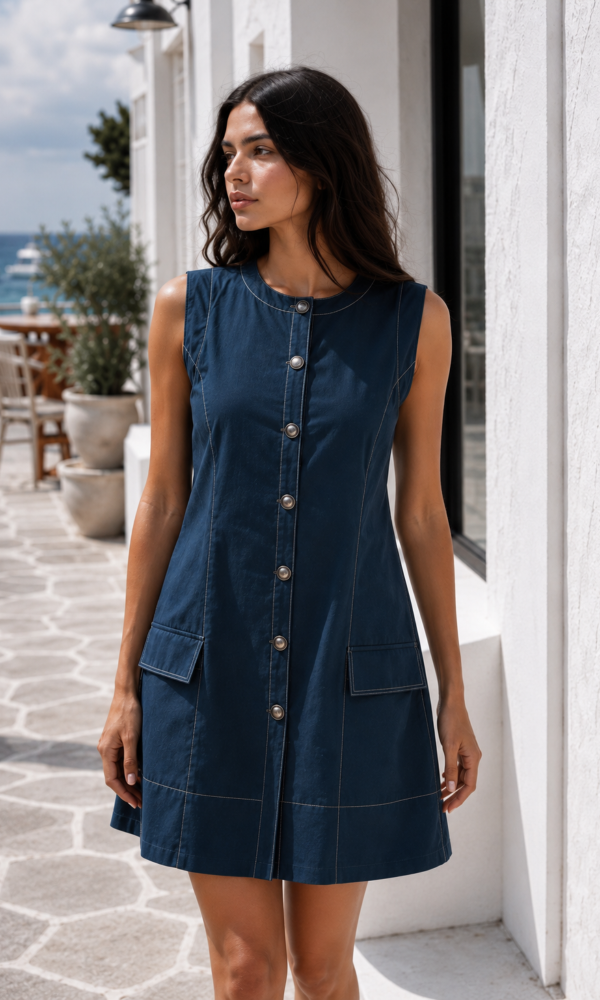 Petrol Blue Denim Button-Front Mini Dress