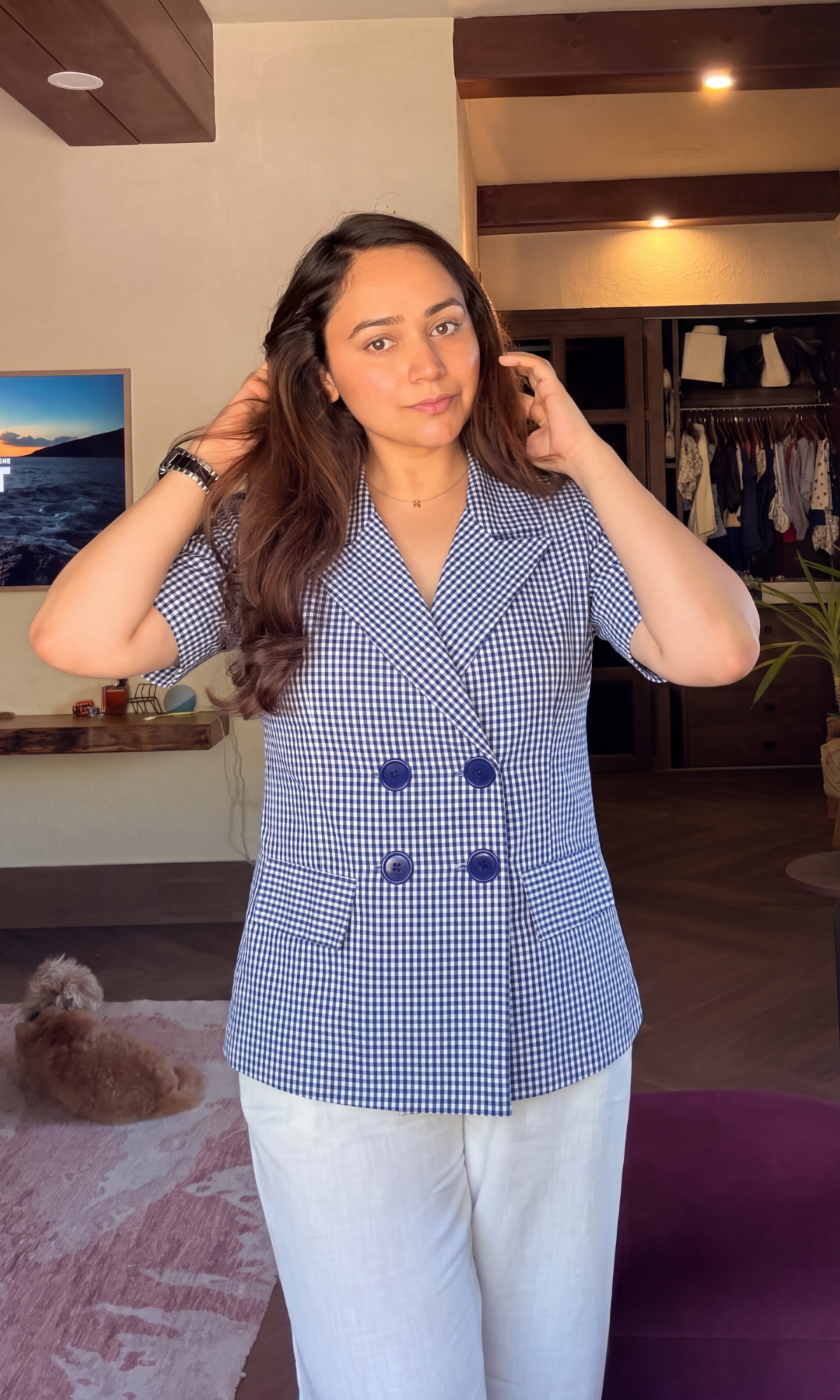 Royal Blue Gingham Double-Breasted Half Sleeves Waistcoat