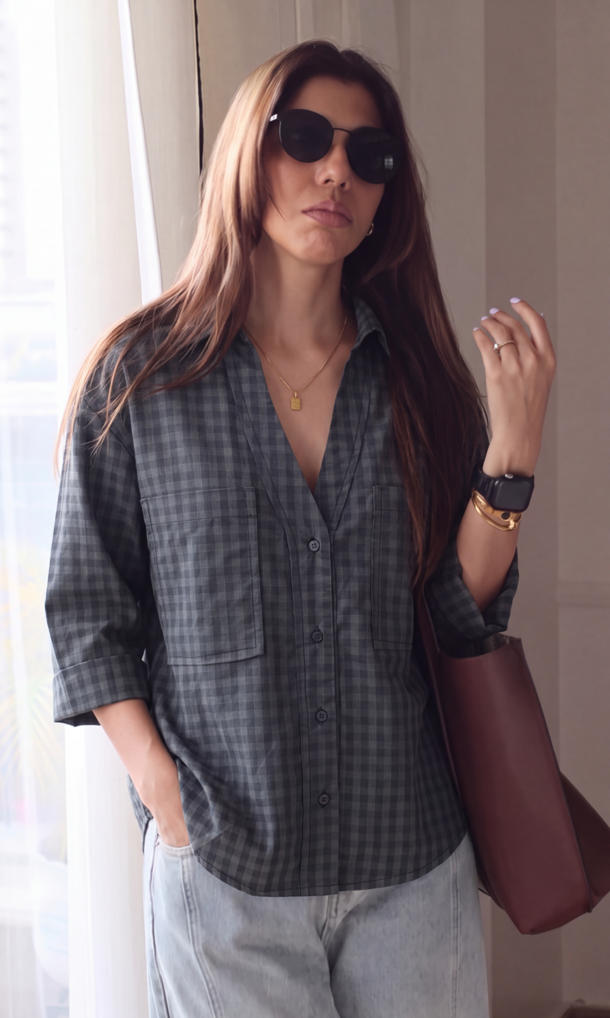 Charcoal Grey Gingham Loose Shirt