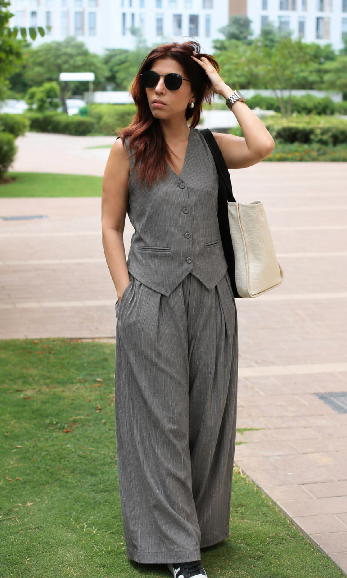 Cotton Charcoal Pinstripe Waistcoat with Flowy Wide-leg Trousers