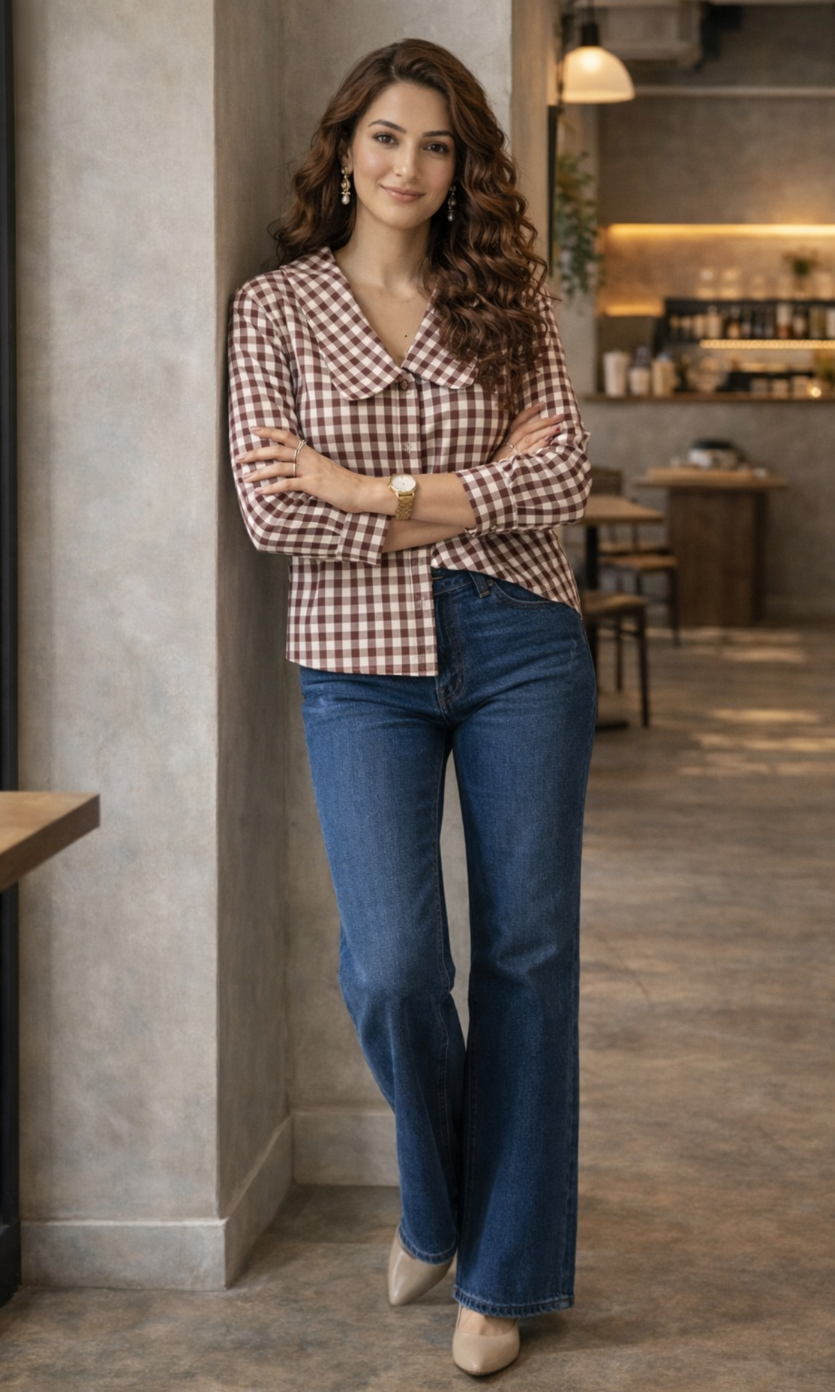 Wine Gingham-Check Peter Pan Collared Shirt