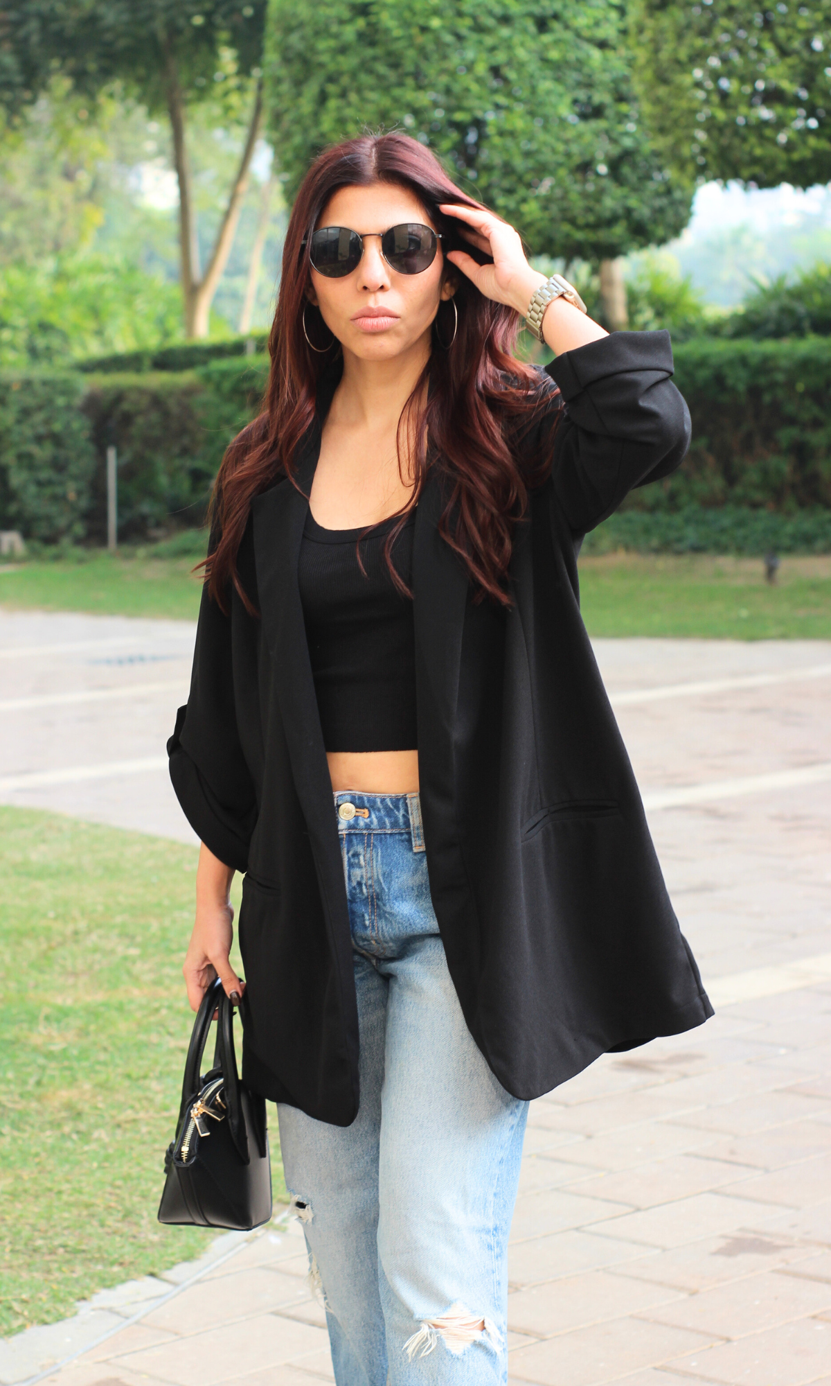 Black Rolled-Up Sleeve Blazer Jacket