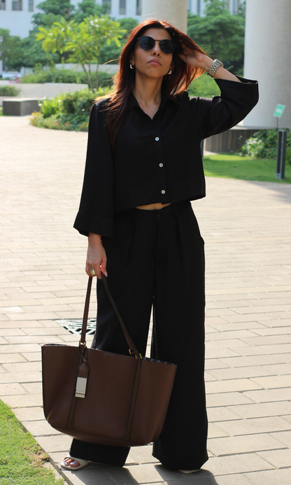 Shadow Black Cropped Shirt with Loose Pants Co-ord