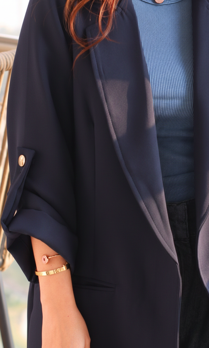 Navy Blue Rolled-Up Sleeve Blazer Jacket