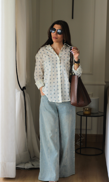 Ivory & Navy Cotton Weave Oversize Shirt