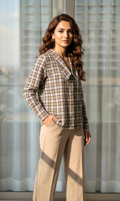 Black Beige Peter Pan Collared Shirt