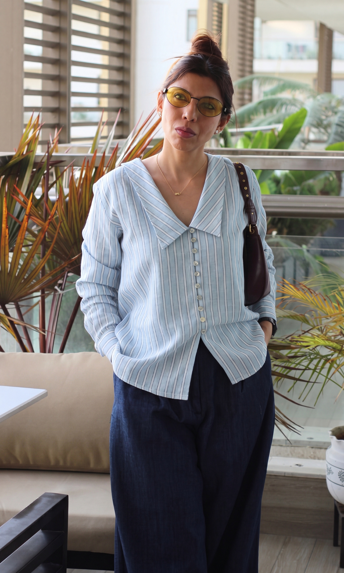 Sky Blue Stripe Oversized Collar Top