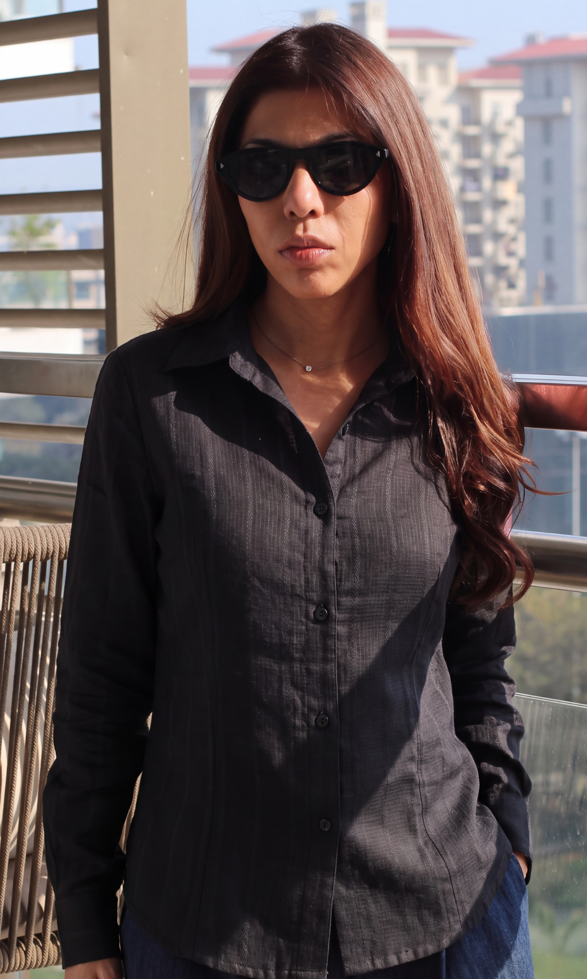Charcoal Cotton Weave Peplum Shirt
