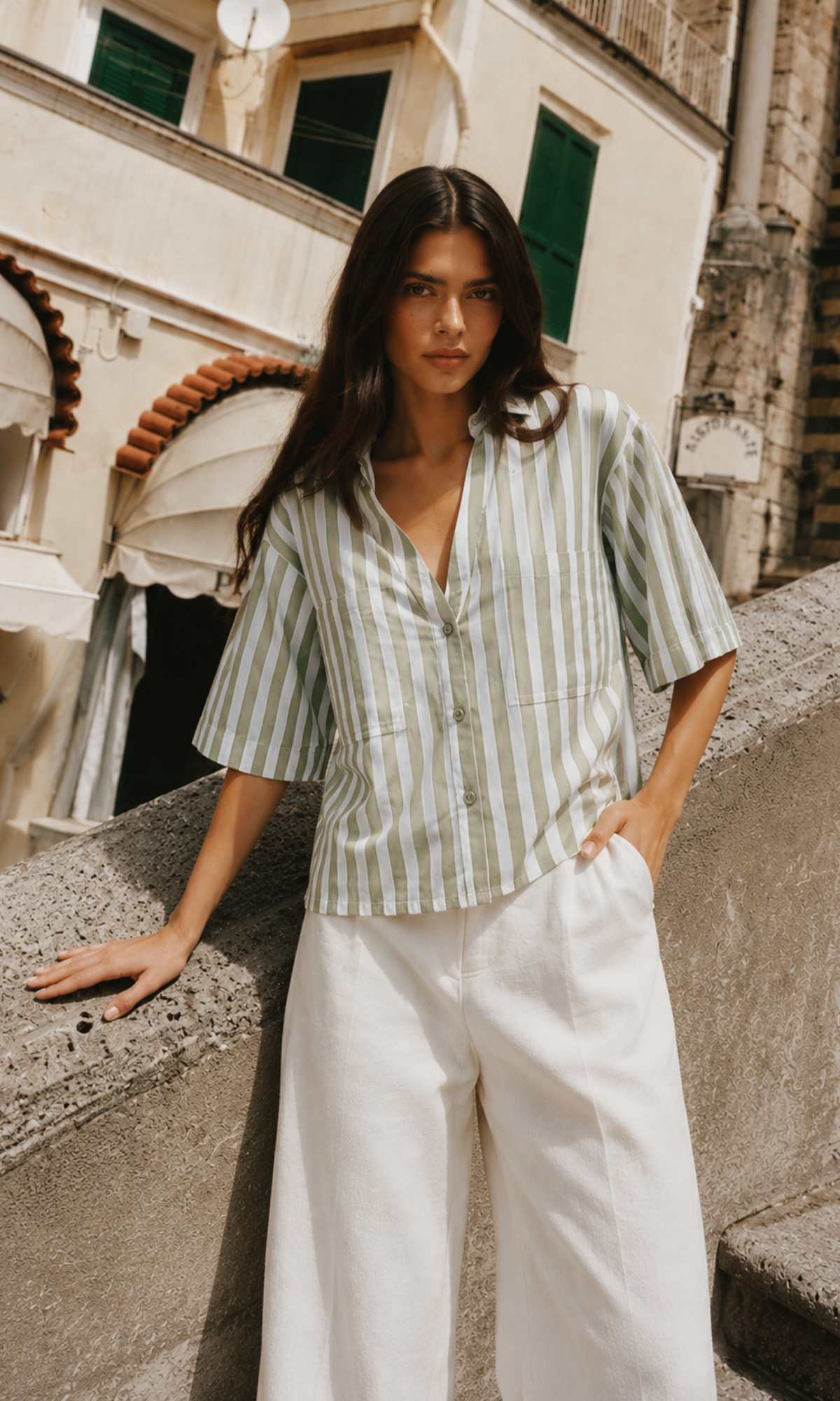 Green Weekend Stripe Loose Shirt